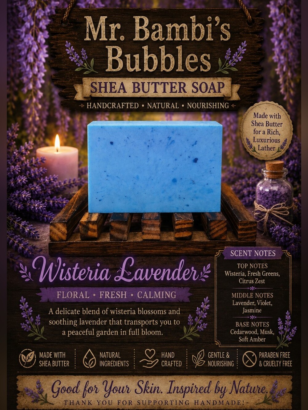 Wisteria Lavender Hand Crafted 4oz Bar Shea Butter Soap Assorted Scents